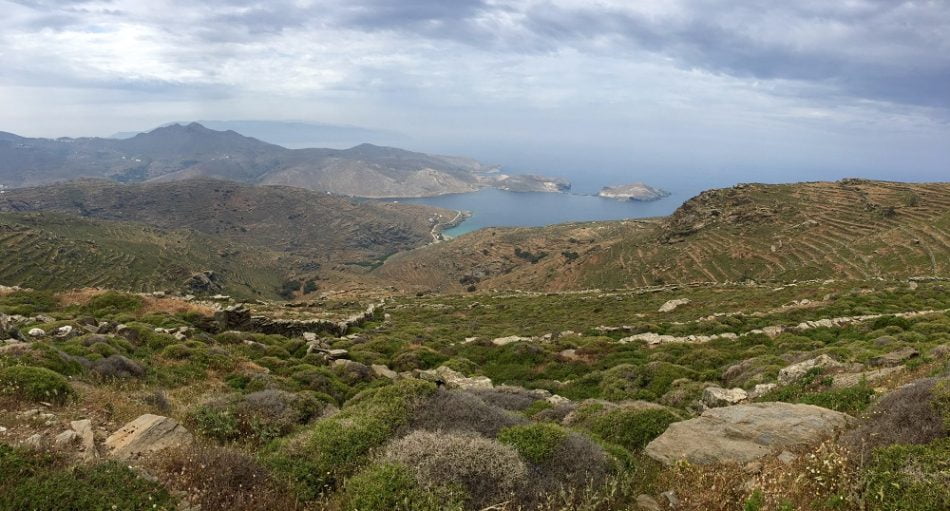 what to do in Tinos, green mountain landscape and sea