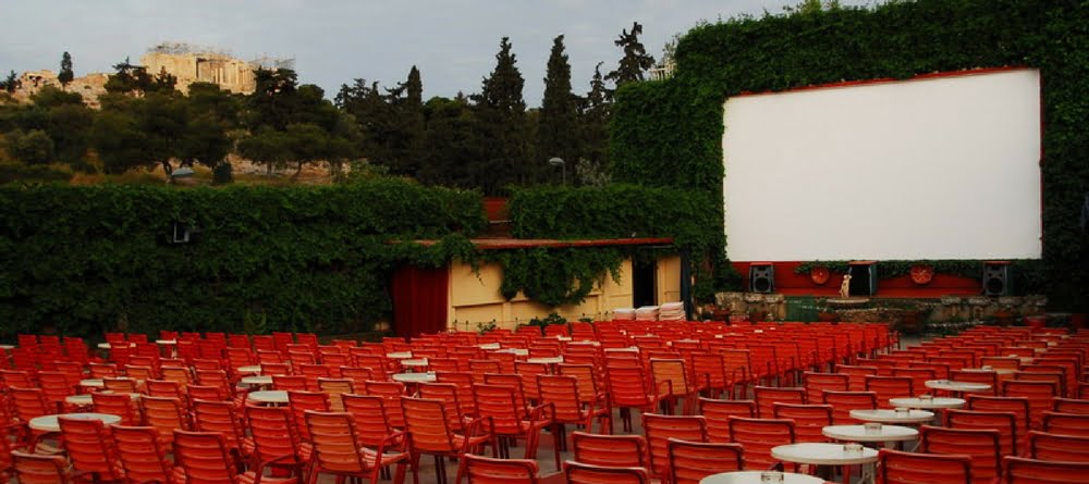 screening of a film at an open-air cinema in Athens in summer