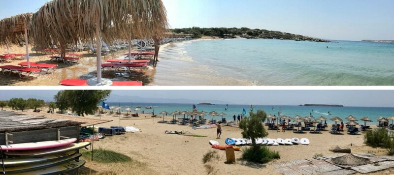 Mikri Santa Maria Beach (top) and New Golden Beach (bottom) on the island of Paros, Greece