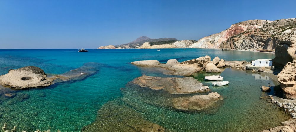 firaplaka beach, rocks and blue water in Milos, Cyclades