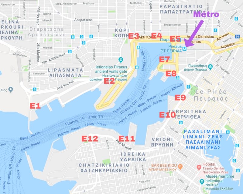 Map of the Athenian port of Piraeus with embarkation and metro platforms