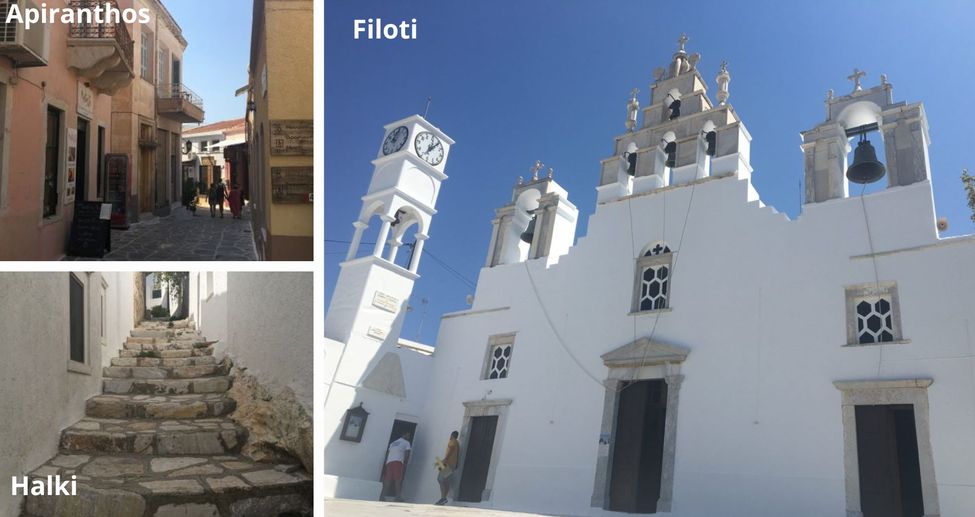 street in Apiranthos, church in Filoti, stone staircase in Halki, pretty villages in Naxos in the Cyclades