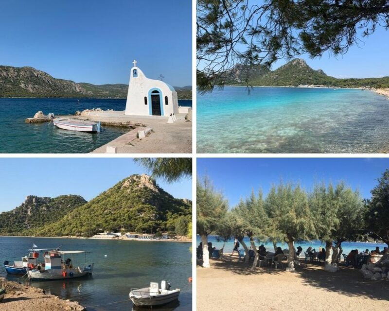 Vouliagmeni lake, its little blue and white chapel, a few fishing boats and the tables under the trees at the Δίαυλος tavern.