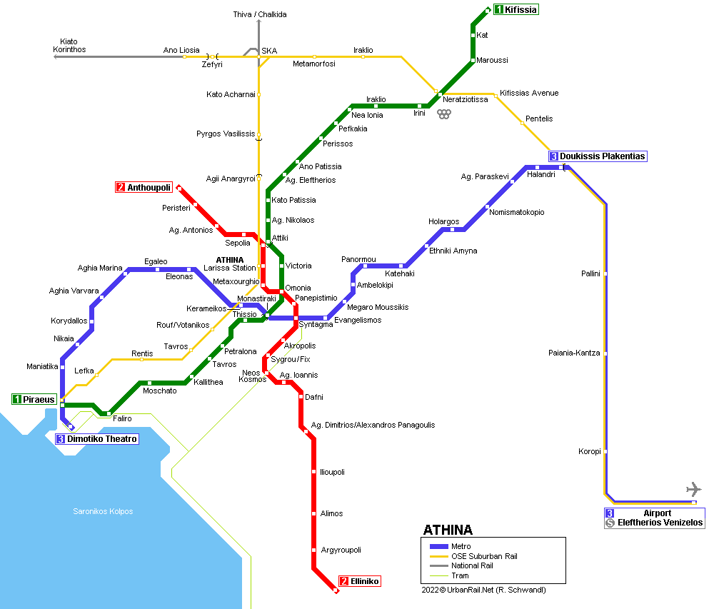 Map of the 3 metro lines and the suburban train in Athens