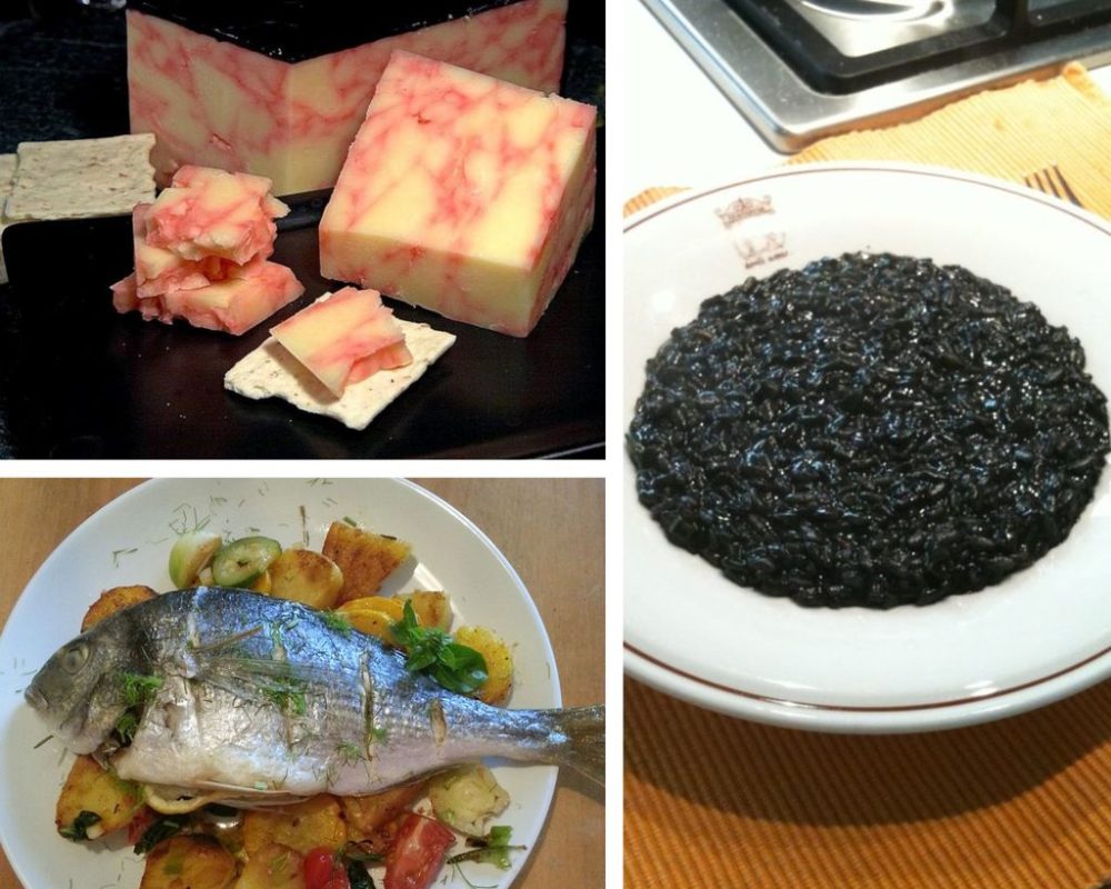 some Greek specialties in the Dodecanese: grilled fish, Kokkinotyri red cheese from Kos and squid ink risotto