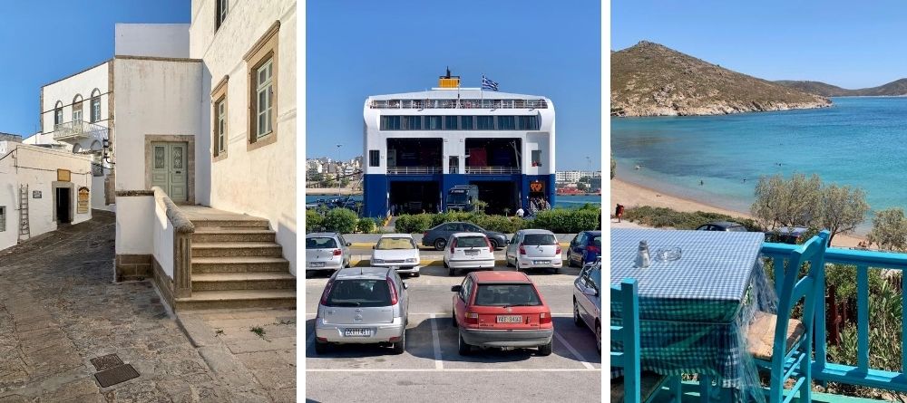 Patmos : a street, ferry and blue sea