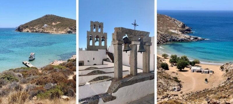 Blue sea, monastery of st John and Psili Amos Beach, Patmos