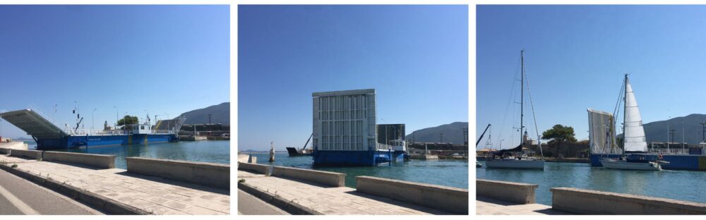 the agia mavra floating bridge in lefkada