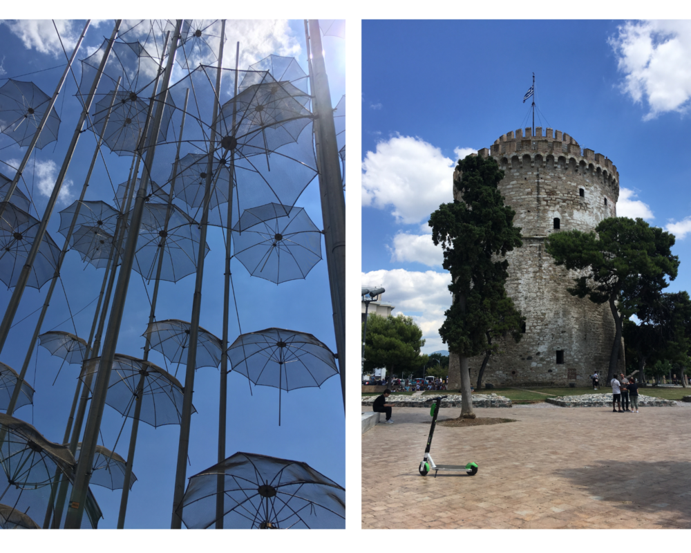 round tower and umbrellas Thessaloniki