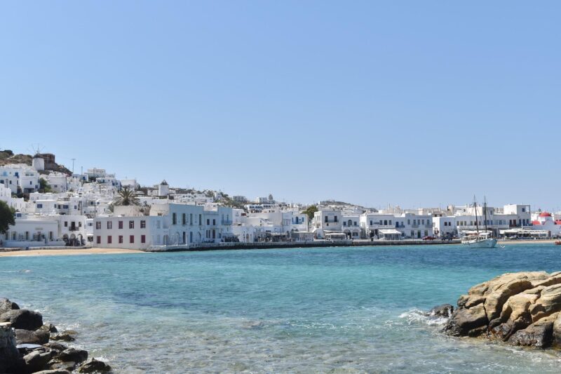 mykonos in Greece, blue sea and white house
