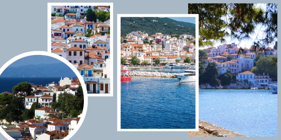 Skiathos, main town of Chora, port and white houses with tiled roofs