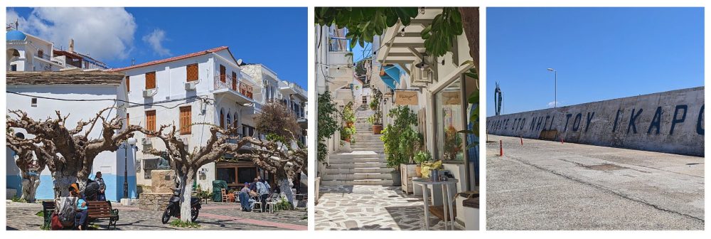 Agios Kirykos square, alleyway and statue of Icarus in Ikaria