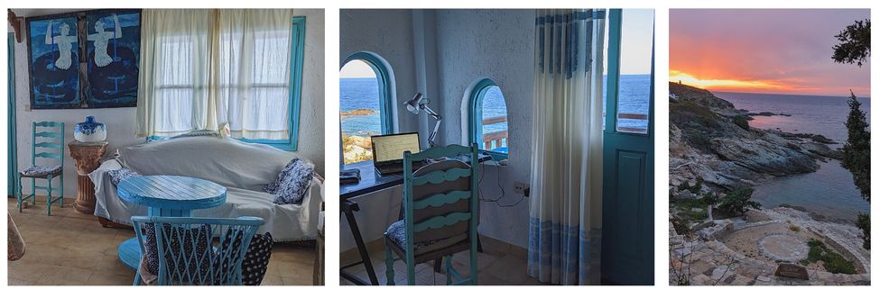 Airbnb accommodation facing the sea at Armenistis in Ikaria: office, living room and sunset