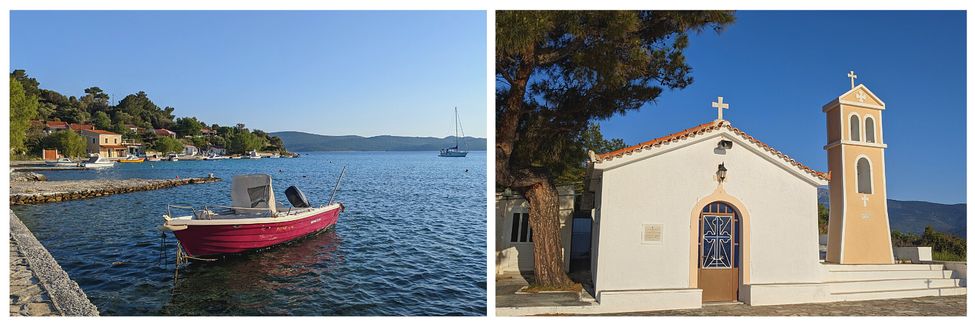 small port with boat and church at Posidonio on Samos