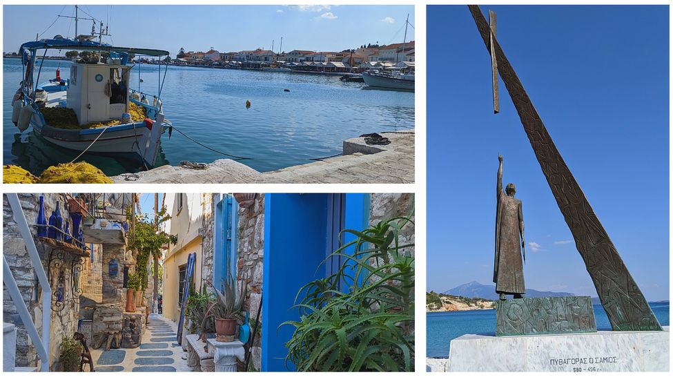 Port of Pythagorio, Blue Street and the statue of Pythagoras on the island of Samos, Greece