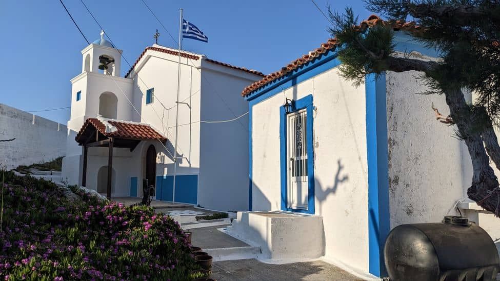 agios nikolaos church in avlakia, white and blue