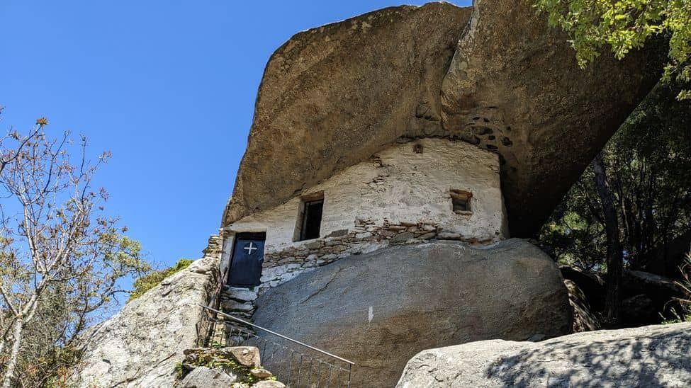 Chapel covered by a flat rock roof. Moni Theoktistis in Pirgi