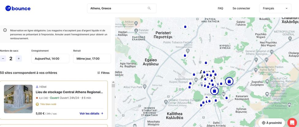 map of local shops where you can leave your luggage in Athens