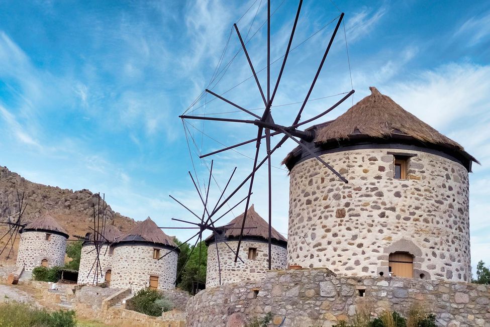 windmills at Kontias in Lemnos, Greece