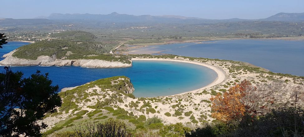 The horseshoe-shaped bay of Voidokilia in Messinia, Greece